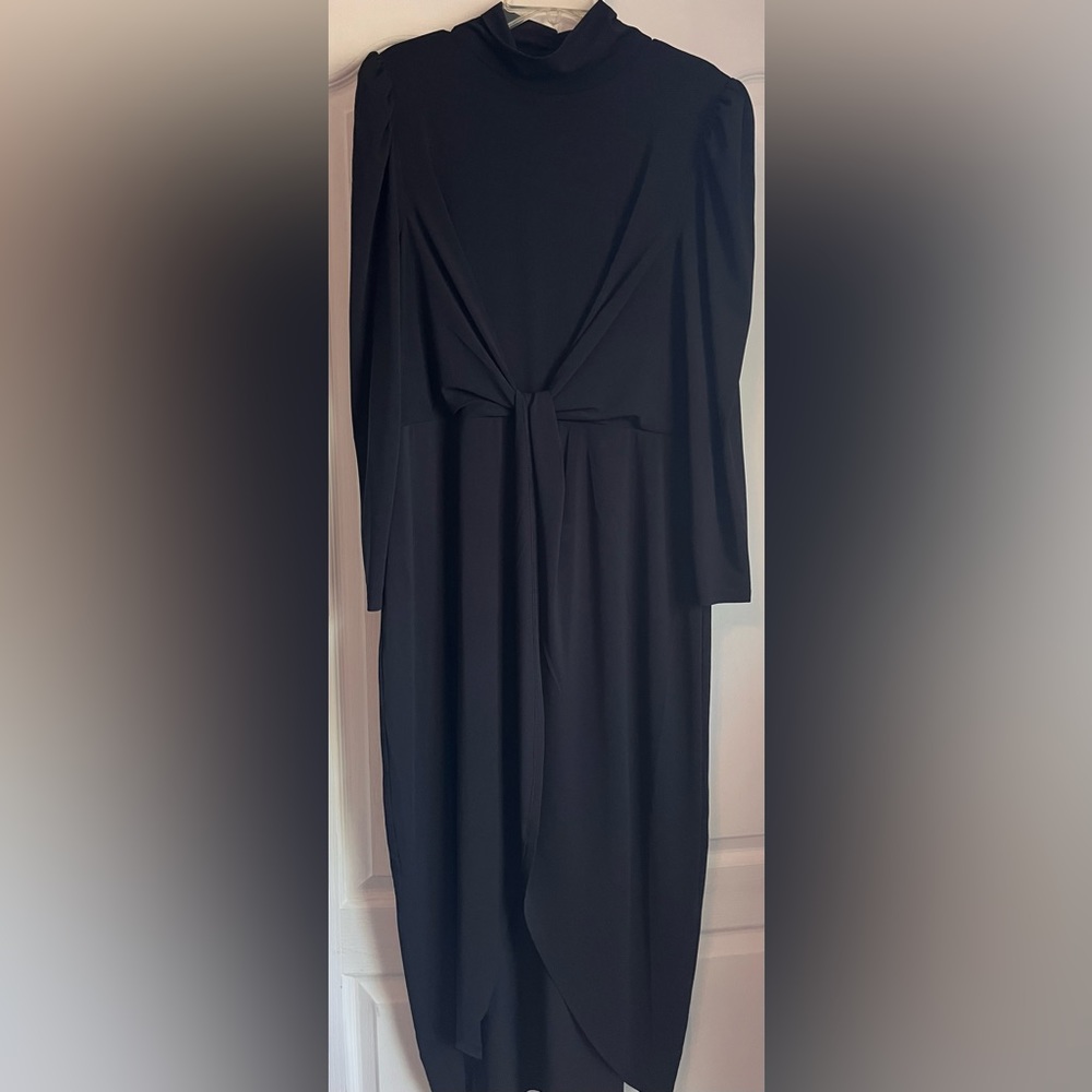 Express Mock Neck Puff Shoulder Twist Front Midi Dress